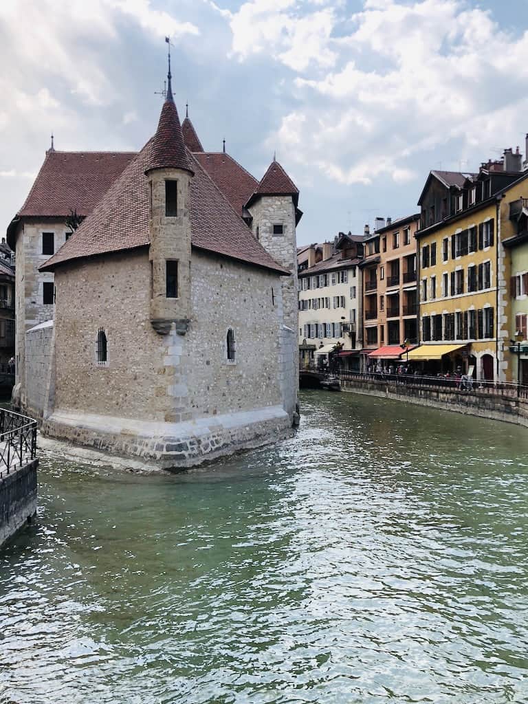 Annecy has gorgeous floating buildings above water.  Lake Annecy 
