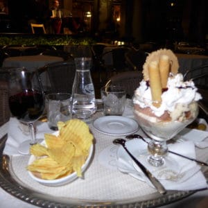 Ice cream sundae and snacks served at Caffe Florian in St. Mark's Square Venice