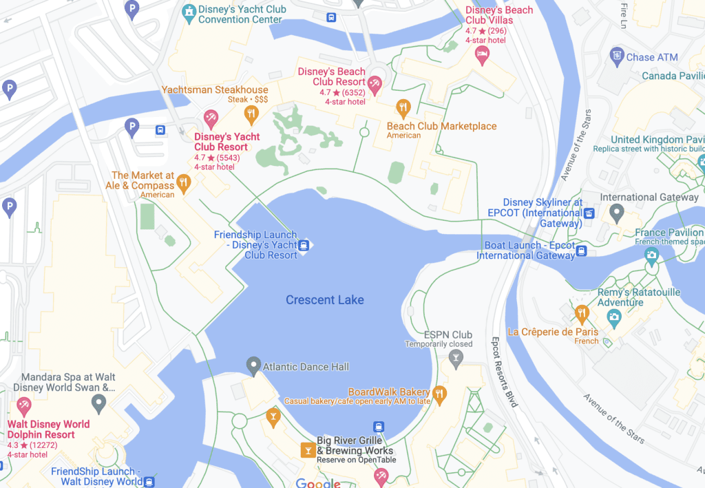  Google Maps of Disney Beach Club Resort, Disney Beach Villas, and Disney Yacht Club 