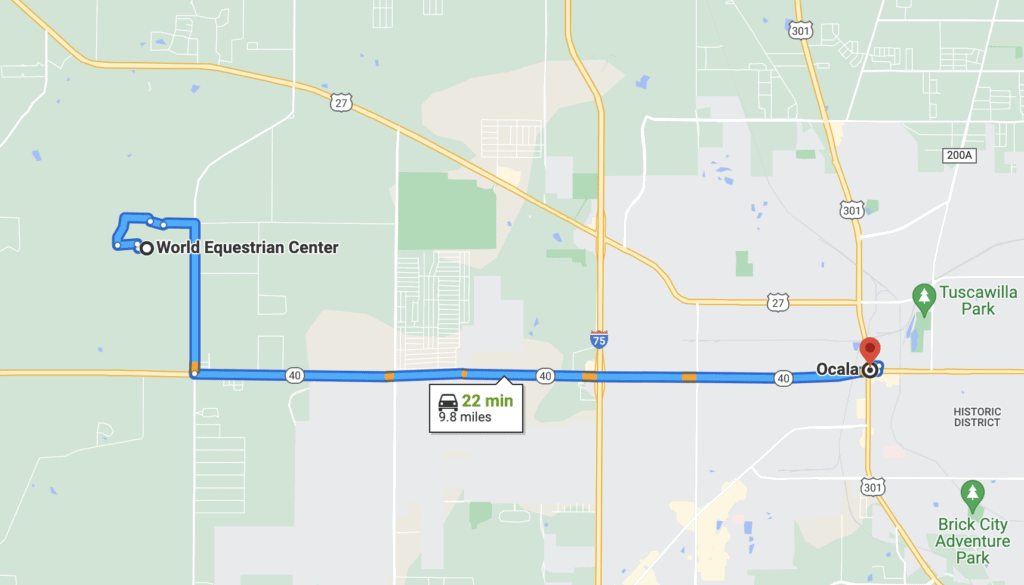 World Equestrian Complex is located 22 minutes outside of downtown Ocala.  Map provided by Google Maps