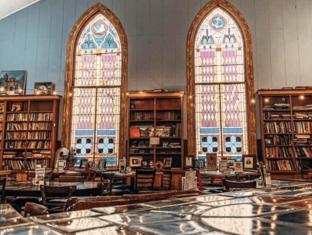 Cathedral Cafe has colorful stained glass windows from its days as a church in downtown Fayetteville West Virginia. 