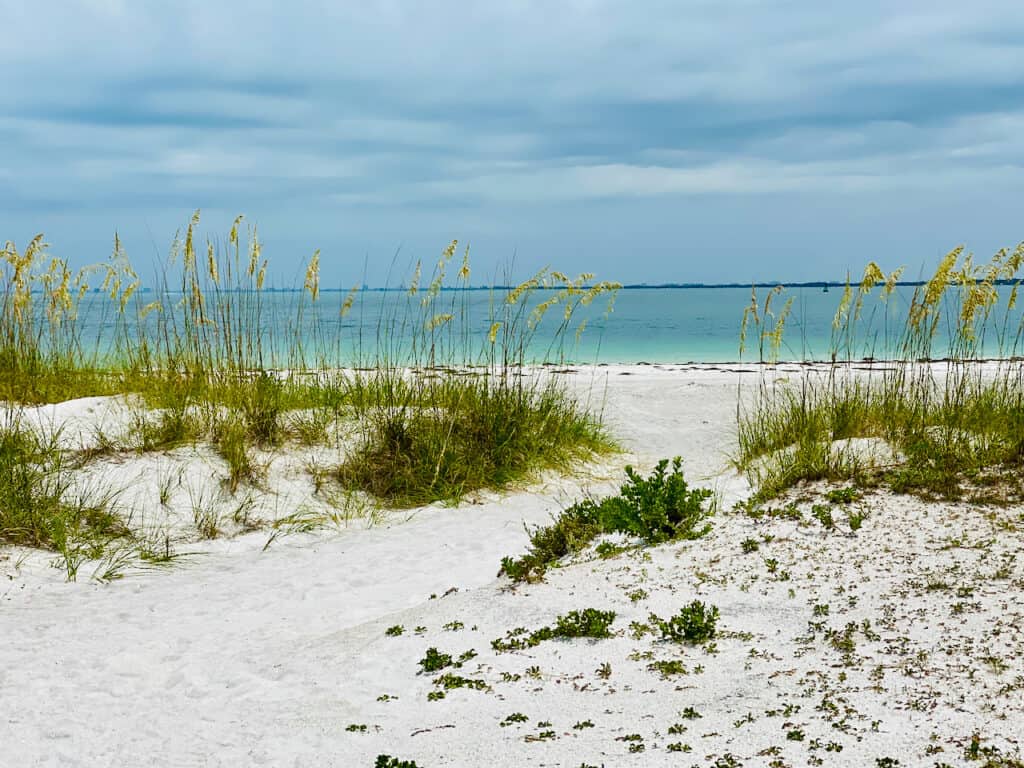 Photo of white sandy beaches, dunes, and bright blue waters of the Gulf of Mexico.