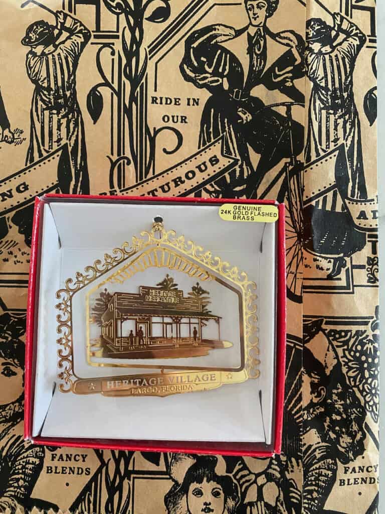 Pinellas County Heritage Village in Largo FL has a great gift shop with homemade ornaments as shown here. It is made out of brass and shows HC Smith Store on it.