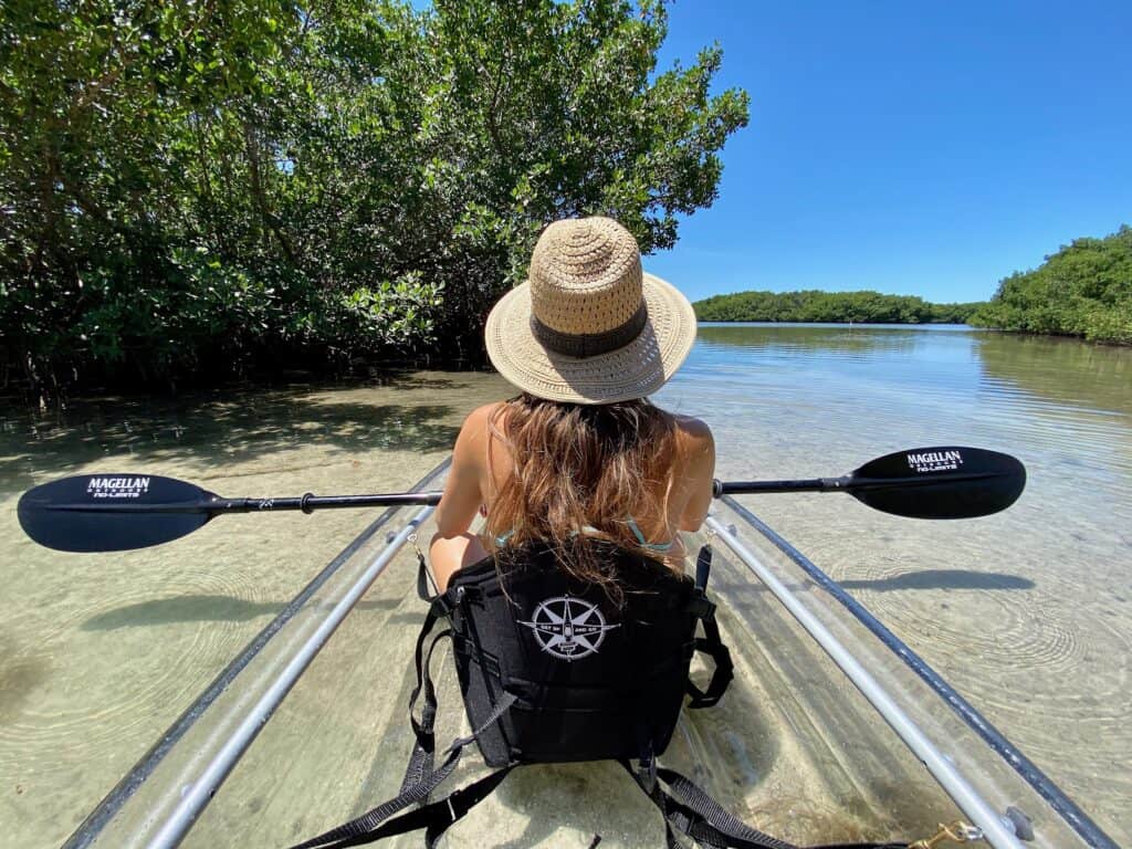 Glass Bottom Kayaks, Clear Kayak Tour of Shell Key Preserve and Tampa Bay Area. Showing kayaker headed out on the water.  