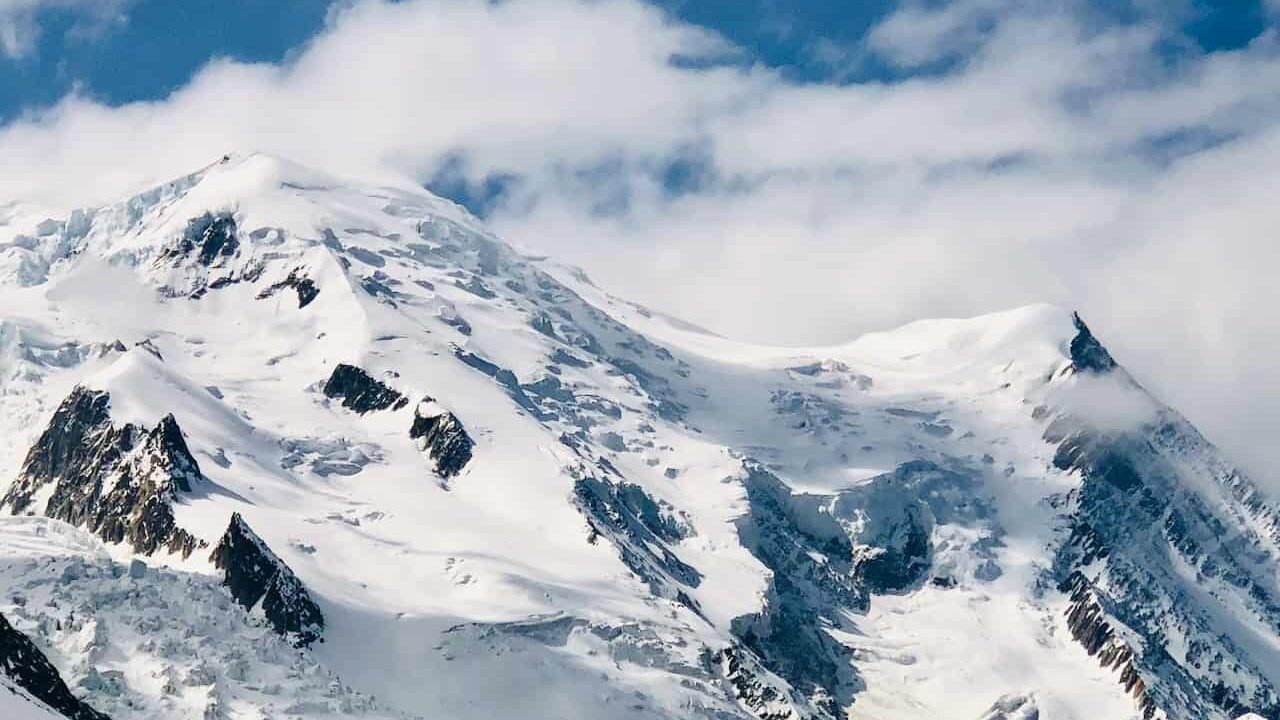 chamonix skiing at chamonix-mont-blanc, close up photo of the mountain top covered in snow.