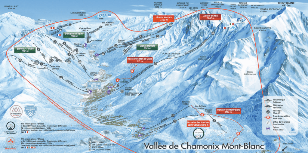 Chamonix skiing map and piste skiing and snowboarding adventures.  Map provided by chamonix.net. 