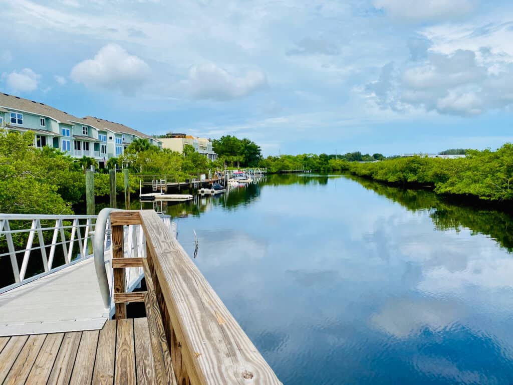 The water view at the Tarpon Springs Splash park is beautiful with a dock.