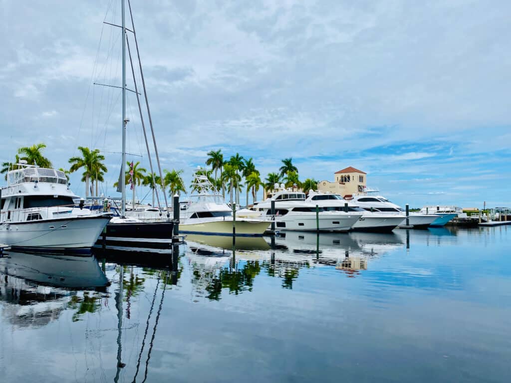 Waterfront Views of Downtown Bradenton, Florida at Riverwalk.  Pier 22 Restaurant is in the distance.