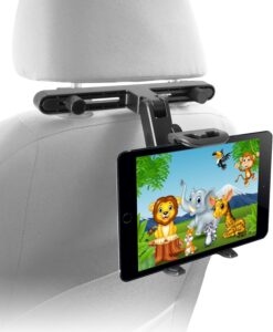 Baby Travel Essentials. Car Headrest Tablet Holder.  It holds a variety of sizes so your child can watch tv while driving. 