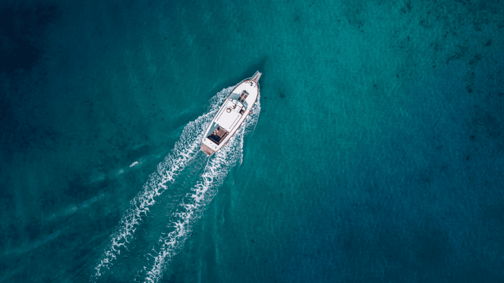 Boat charters are fun way to spend time on the Gulf of Mexico. Photos an ariel shot of a charter boat.