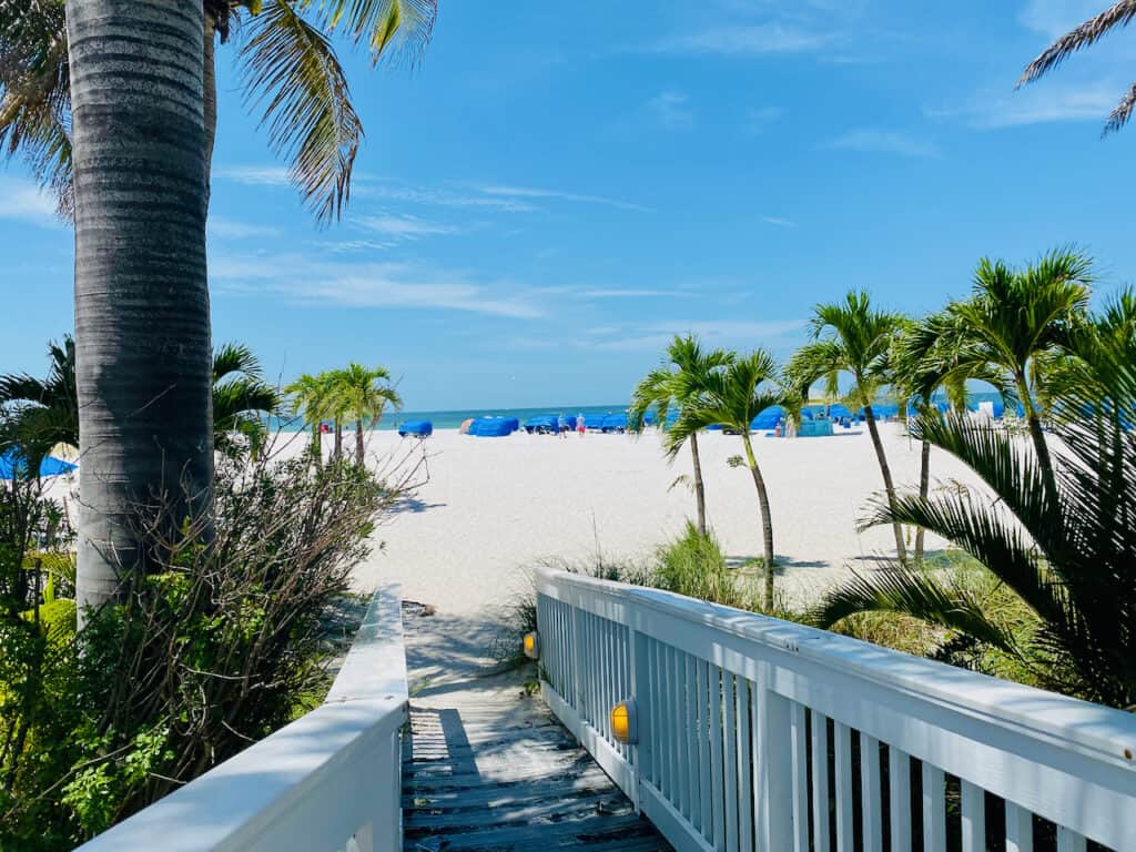 White sugar sand and blue-green water at st pete beach, Florida.  This photo was taken outside of Bongos restaurant with picture perfect walking path to the beach with palm trees.  When deciding between Tampa or Orlando, Tampa always wins with anyone wanting these views.
