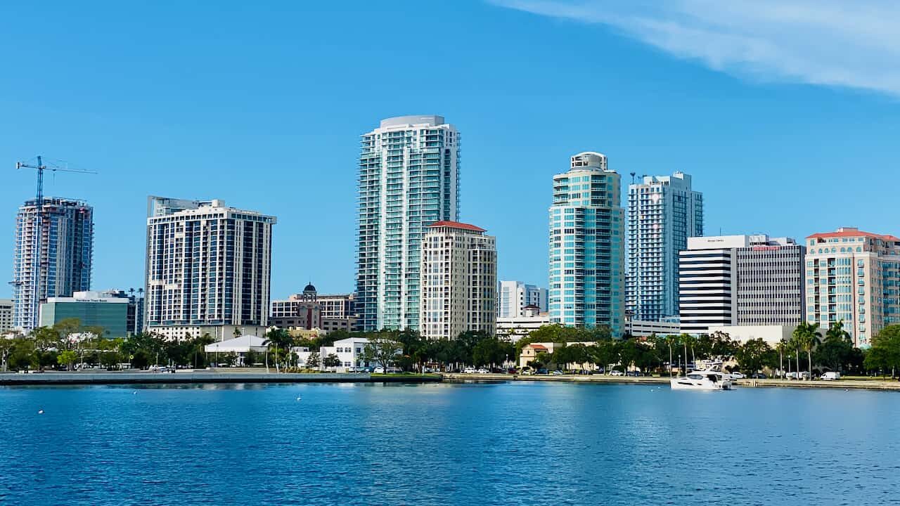 Photo taken in Vinoy Park and shows the entire city including the best hotels in downtown st pete. Boat is close up with bay views.