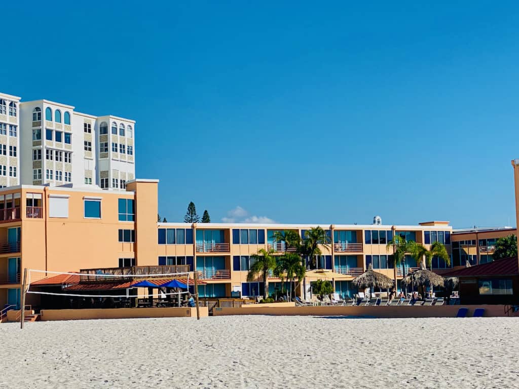 Dolphin Beach Resort in St Pete Beach.  Orange color hotel with balcony rooms.