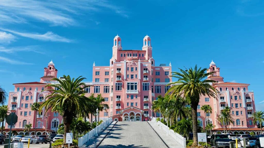 Don CeSar Hotel. saint petersburg hotels on the beach. Front view of the pink palace that is breathtaking to see with its ornate architecture.
