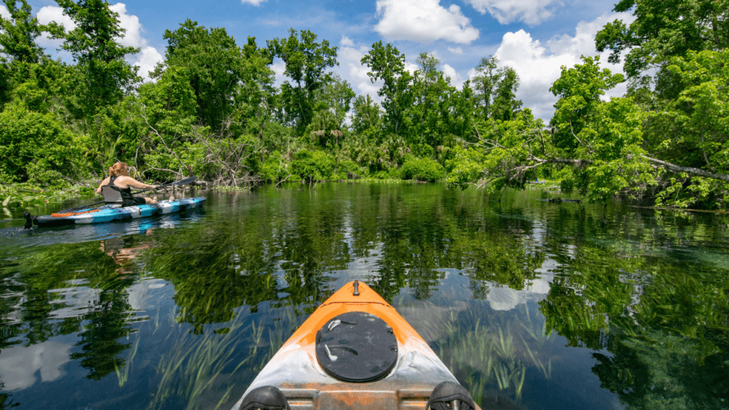 kayaking and spending time outdoors is truly the most fun things to do in Ocala. Photo is taken on the river with two kayaks in Ocala National Forest. 