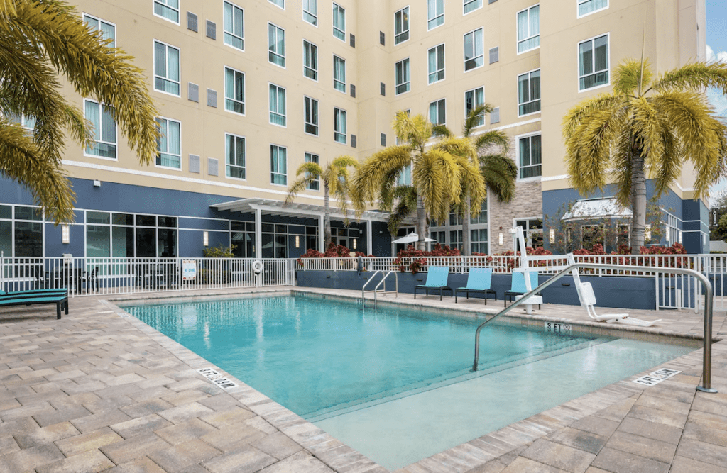 Photo of the pool, seating, and outdoor patio with the Staybridge Suites hotels near st petersburg fl