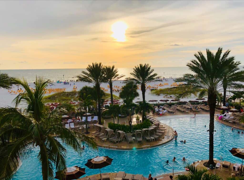 Sandpearl Resort pool, this is a view from my room with white sand beaches, cabanas, and private guest-only access by armbands.