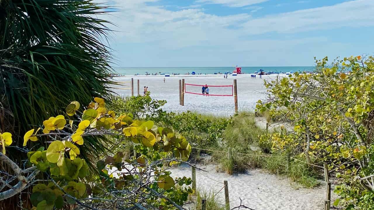 siesta beach volleyball and white quartz sand beaches and clear water views.