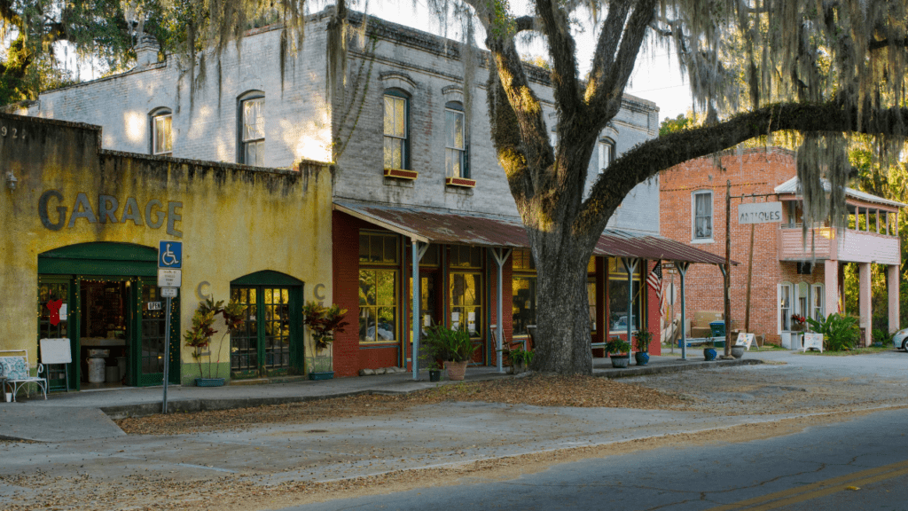 Downtown Micanopy with live oak trees covered in Spanish moss.  Old garage and small town charm with rustic overhangs outside the general store.