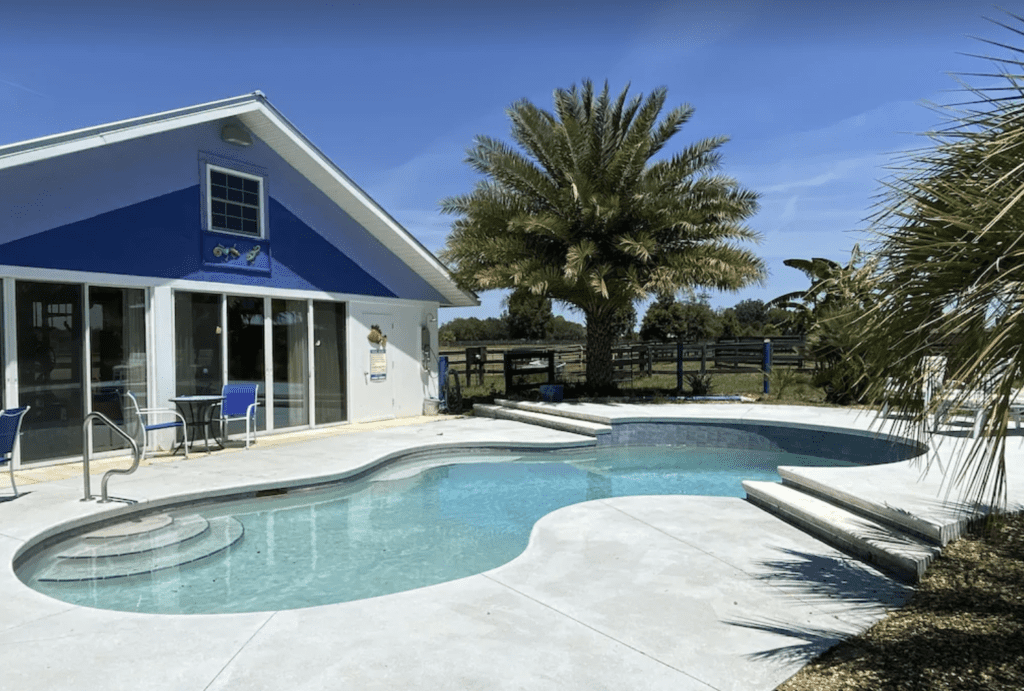 VRBO Ocala with view of pool and glass doors overlooking it and the pastures.