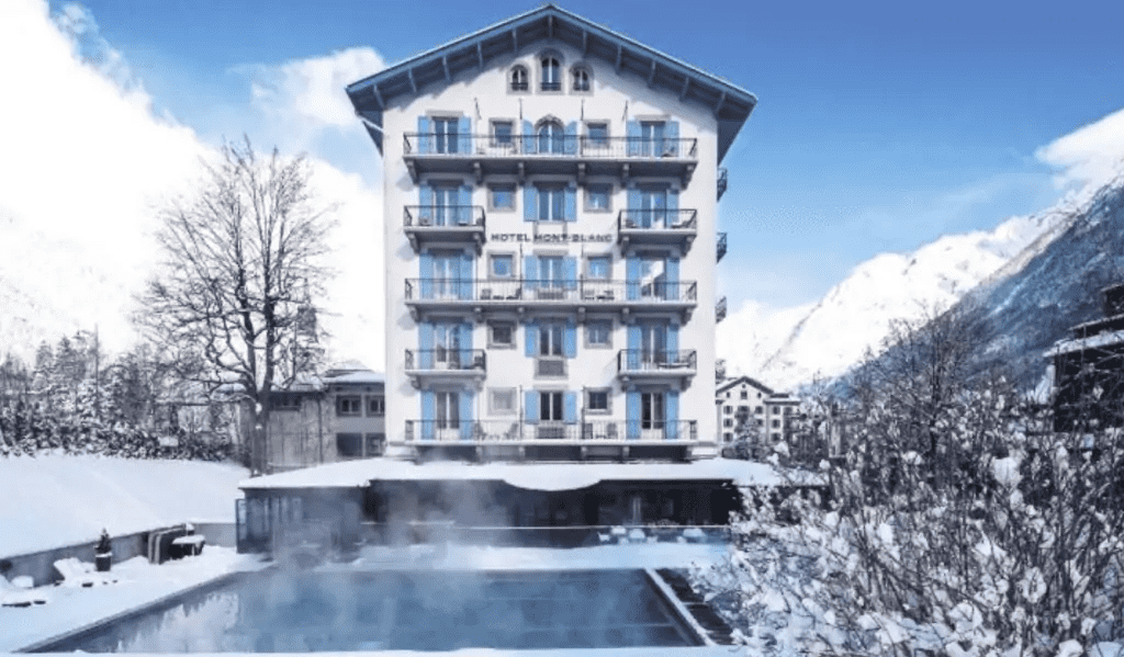 Hôtel Mont-Blanc Chamonix showing the beautiful pool 5 star resort with Chamonix Mont Blanc views.