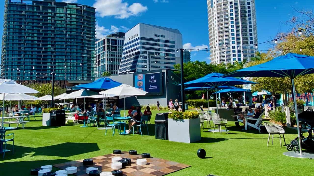 Best Downtown Tampa Hotels are in walking distance of Sparkman Wharf as shown with fun games, shops and restaurants.