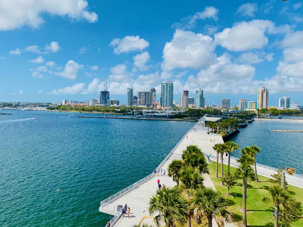 View from the St Pete Pier of downtown showing some of the most fun things to do in St. Petersburg - strolling by the water.