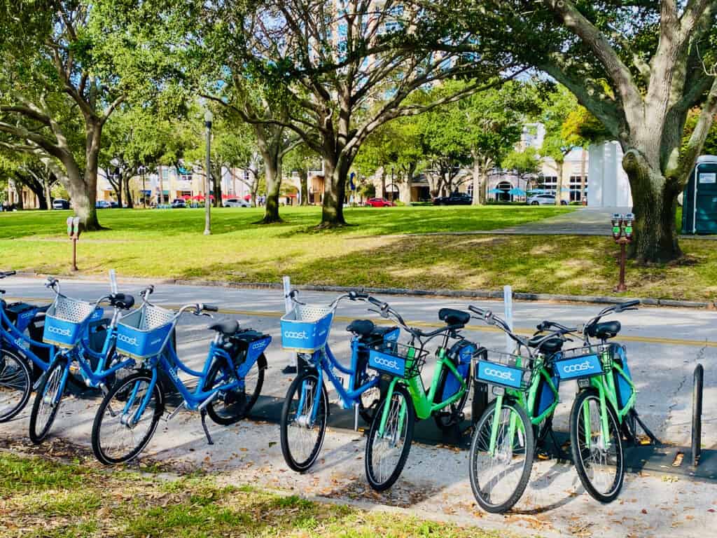 Bike rentals or scooter rentals are available.  Photo at Straub Park of bikes to rent.
