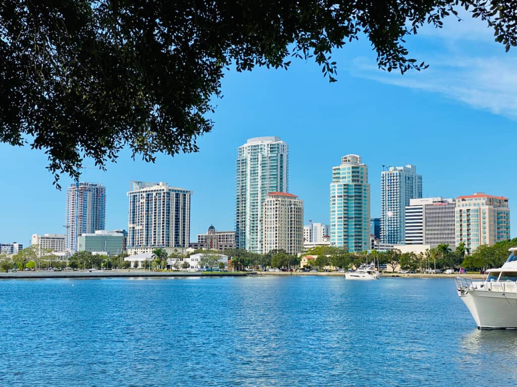 Vinoy Park has gorgeous views of the waterfront in st pete.  Showing boats and tall buildings.
