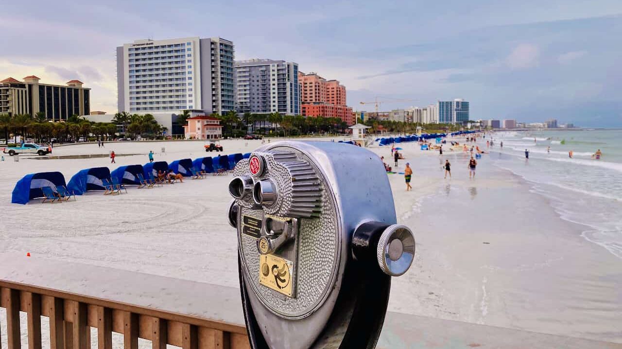 View of Clearwater Beach from Pier 60 with cabanas in the distance.