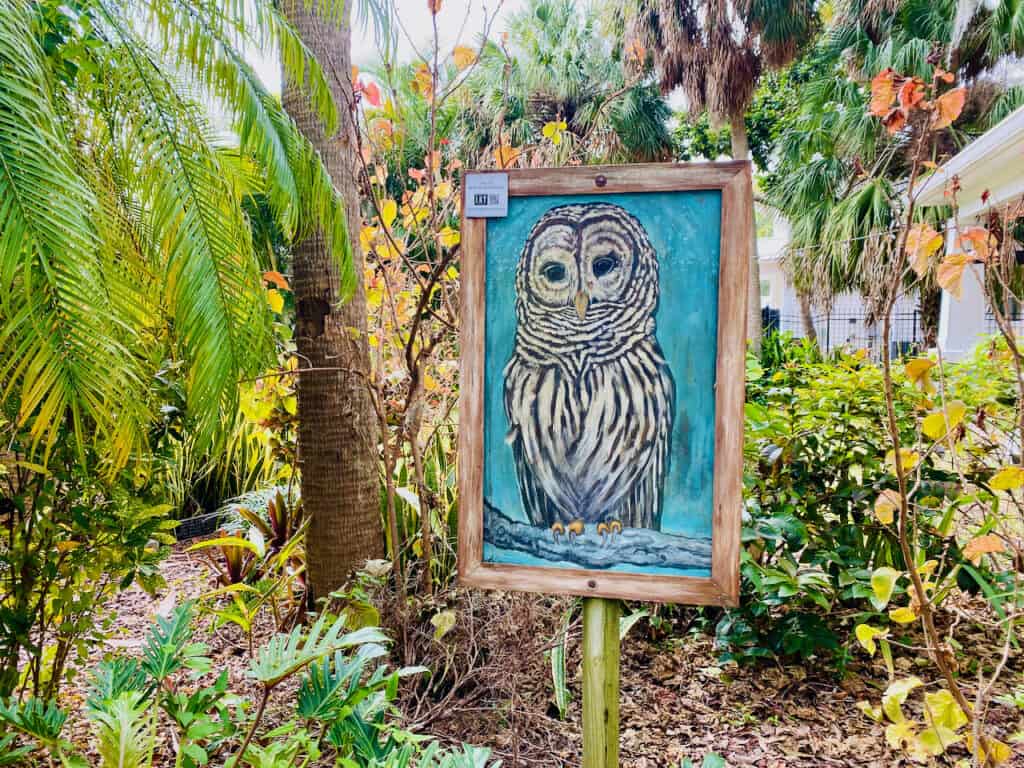 See the art for sale - beautiful owl painting in the garden.