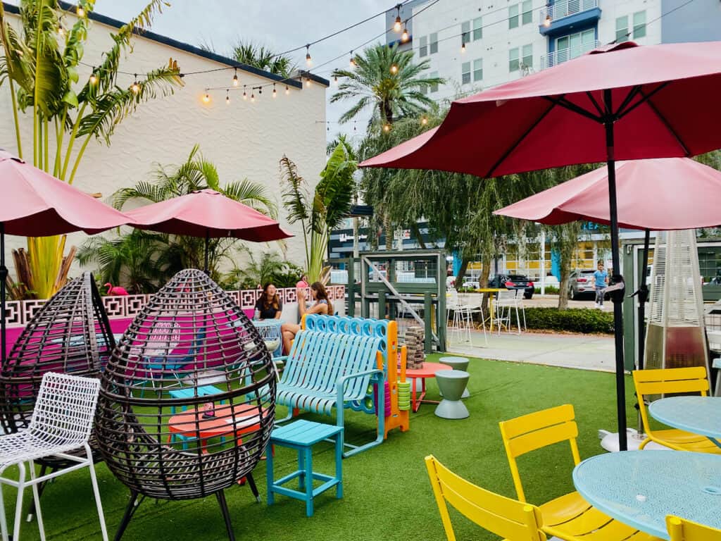 Outdoor bright colorful seating in retro theme