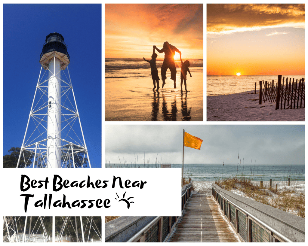 Photo collage of sunsets and lighthouse and walking path to beaches near Tallahassee.
