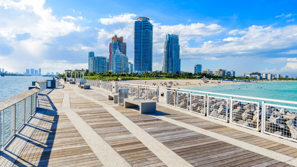 Miami Beach at South Pointe Beach showing the pier and beach