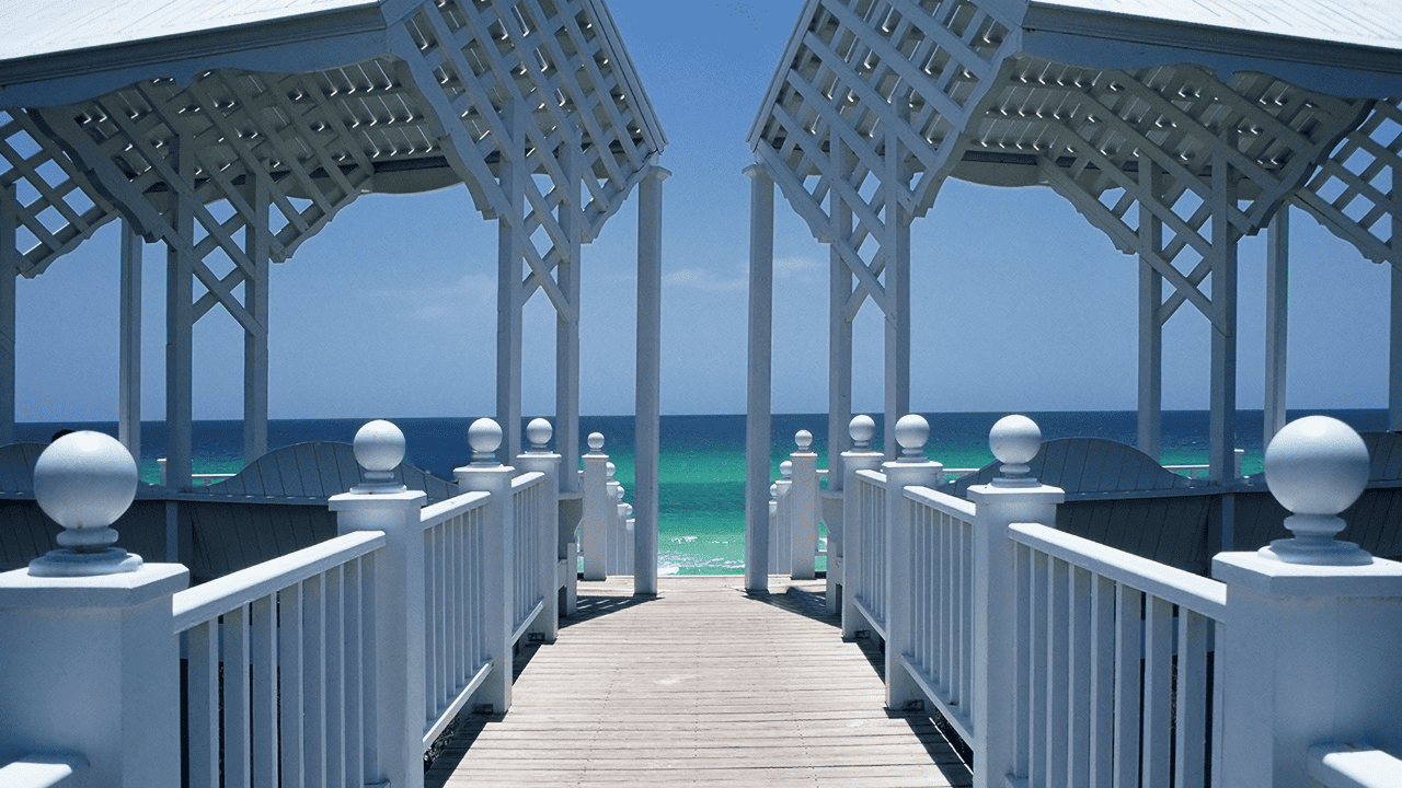 Navarre Beach pavilions with water in the background