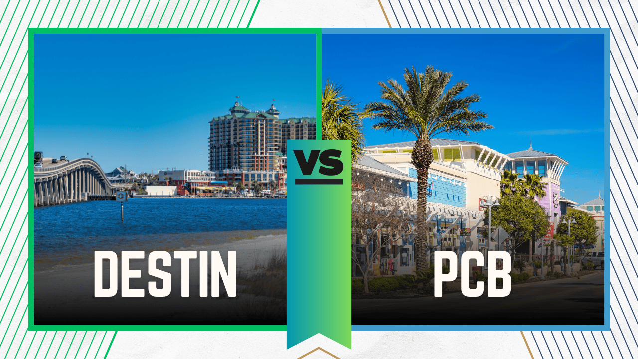 Destin vs Panama City Beach photos of both city with versus line in between them.