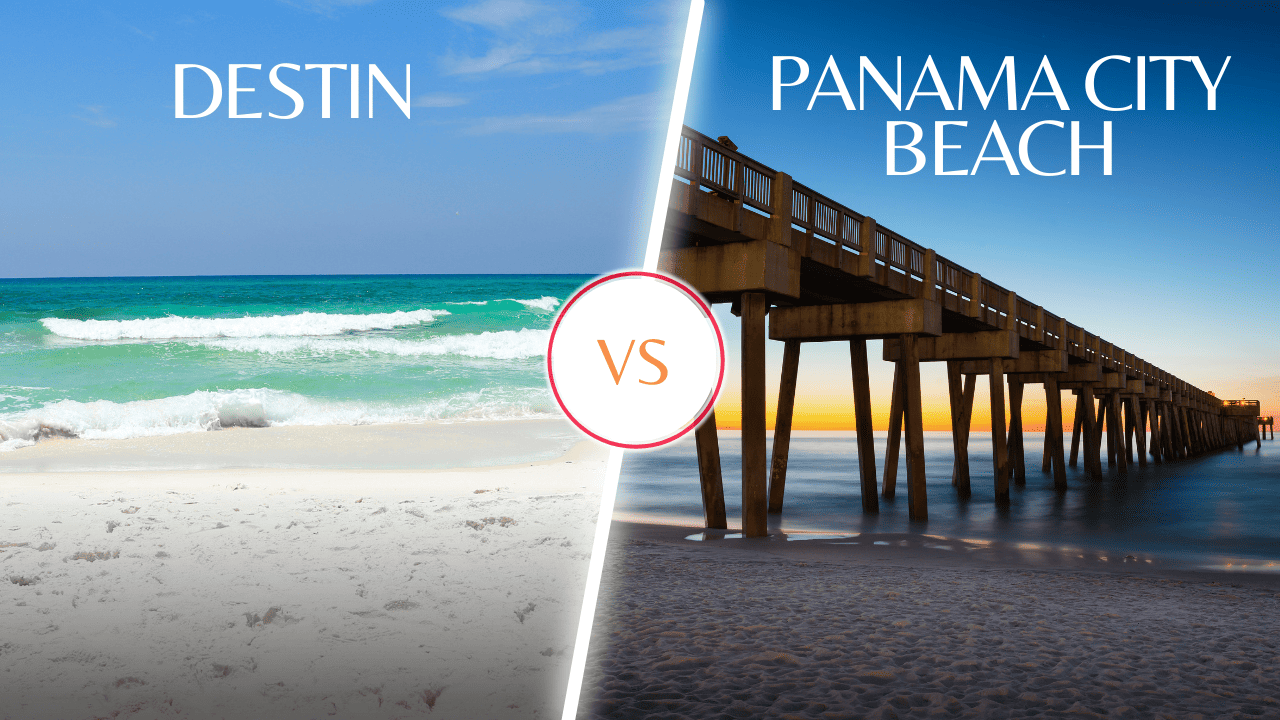 Destin vs Panama City dual photo showing the beach of Destin and Panama City Beach Pier.
