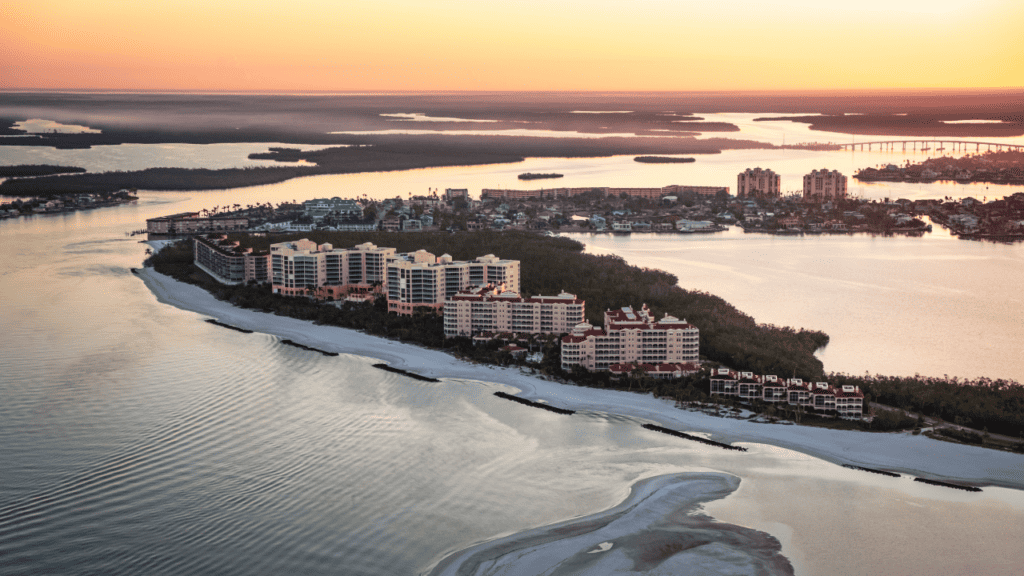 Marco Island sunset is one of the florida vacation getaways surrounded by water, showing an sky view