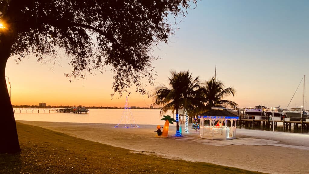 view of Boca Ciega Bay and Christmas Lights on the beach