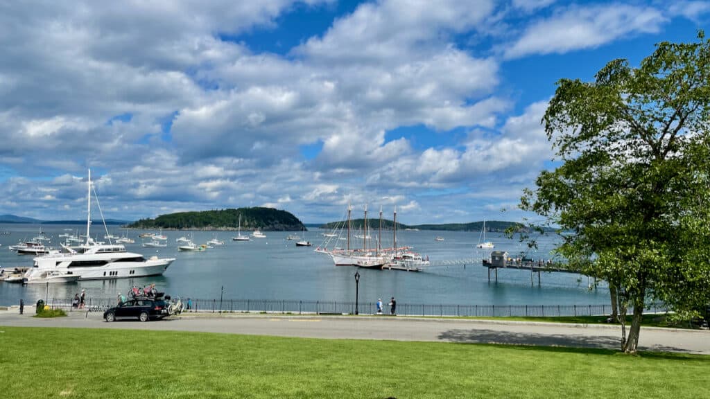 Agamont Park in Bar Harbor, Maine with views of the boats on the water.