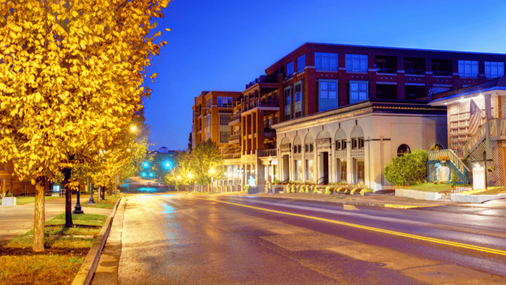 stock photo of fall in Saratoga Springs at night