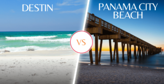 Destin vs Panama City dual photo showing the beach of Destin and Panama City Beach Pier.